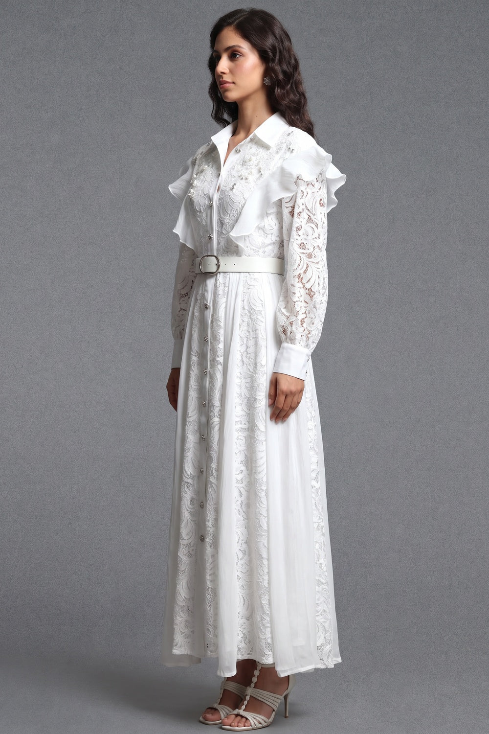 White Floral Lace A-Line Maxi Shirt Dress