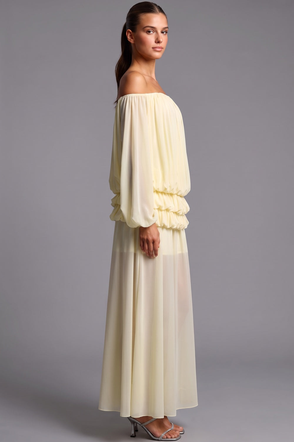 Pale Yellow Chiffon Off-The-Shoulder Blouson Two-Piece Set