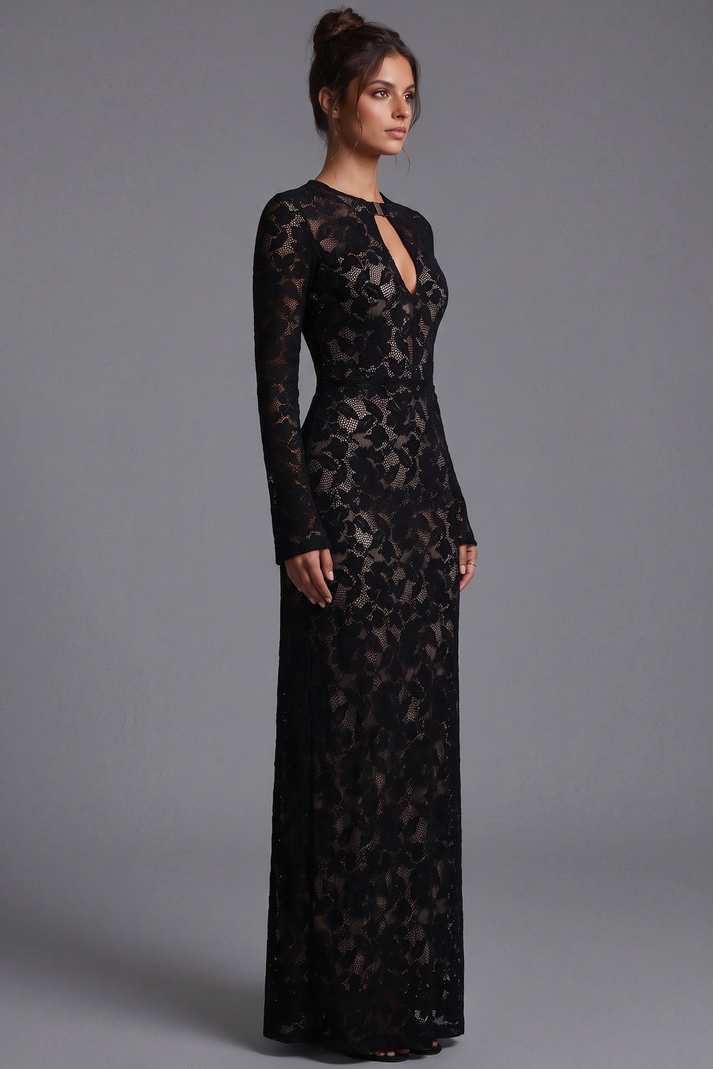 Black Floral Lace Column Gown