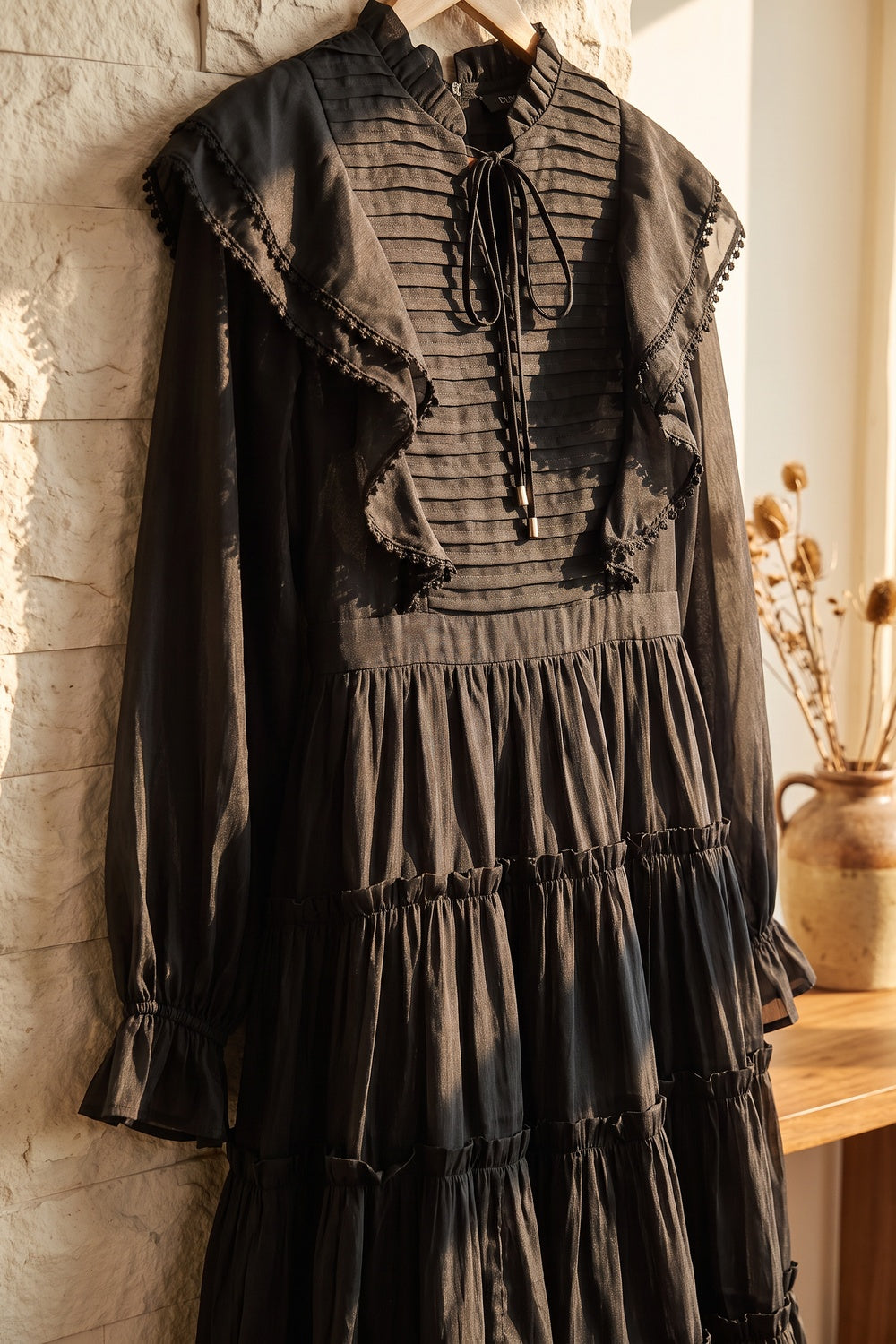 Black Tiered A-Line Midi Dress with Bishop Sleeves
