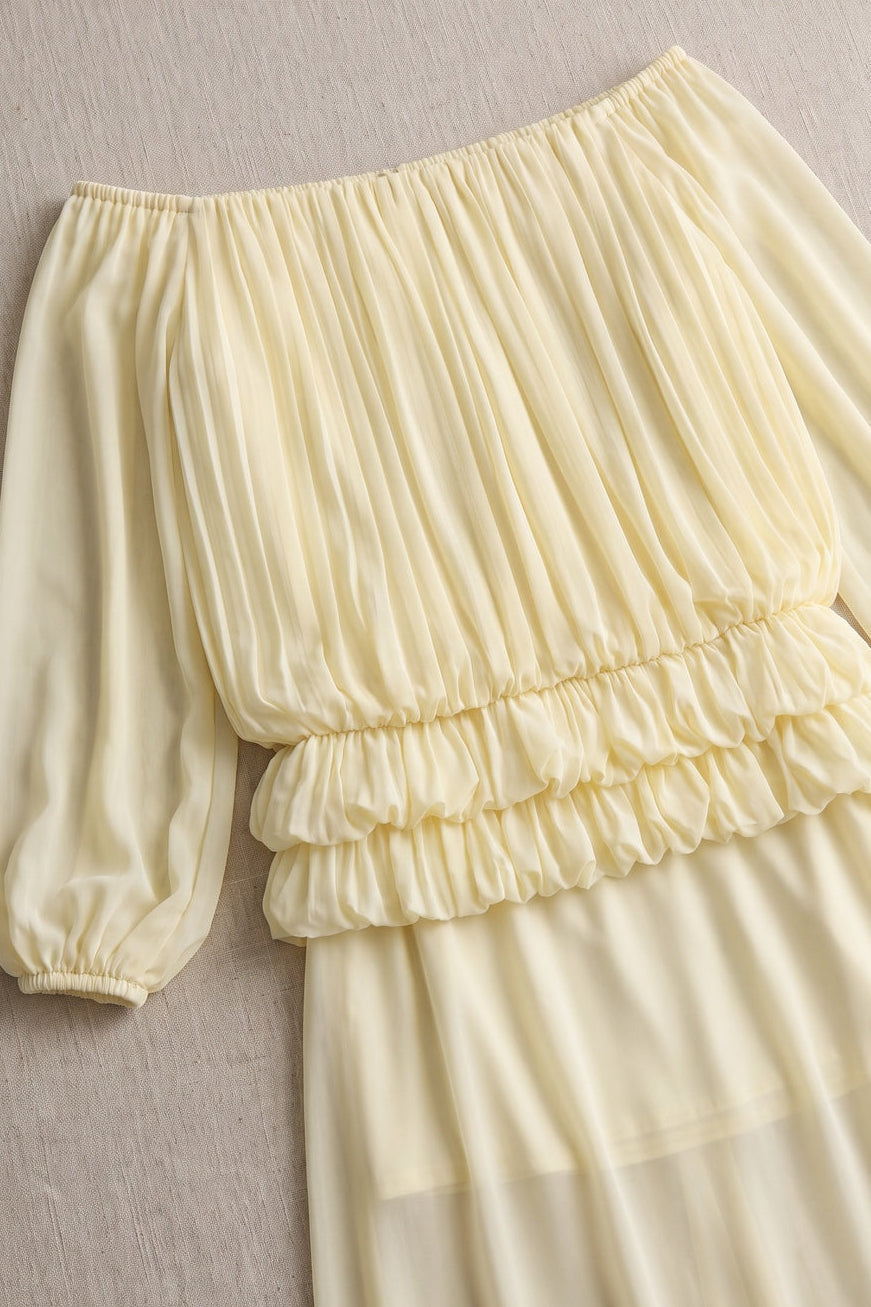 Pale Yellow Chiffon Off-The-Shoulder Blouson Two-Piece Set
