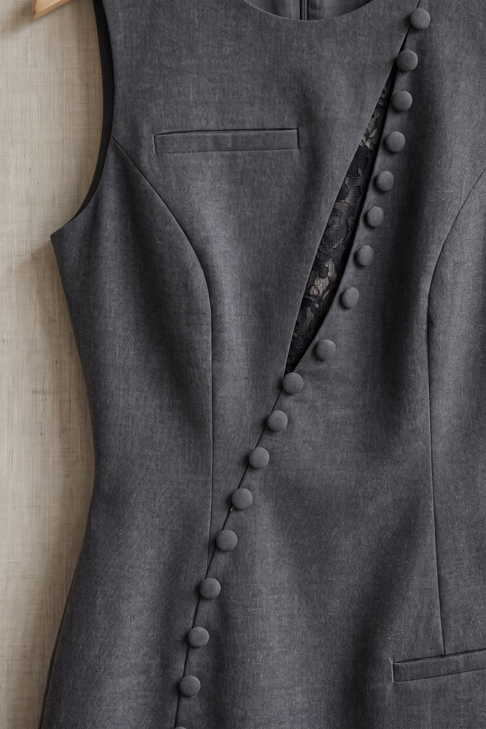 Charcoal Grey Structured Wool-Blend Suiting Sheath Mini Dress