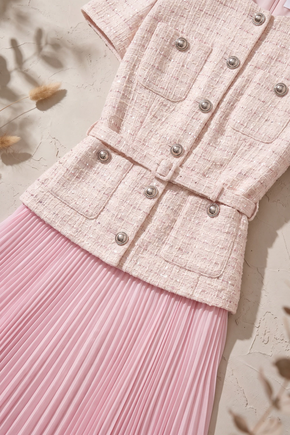 Pale Pink Tweed Fitted Bodice with Peplum and A-Line Skirt Two-Piece Set