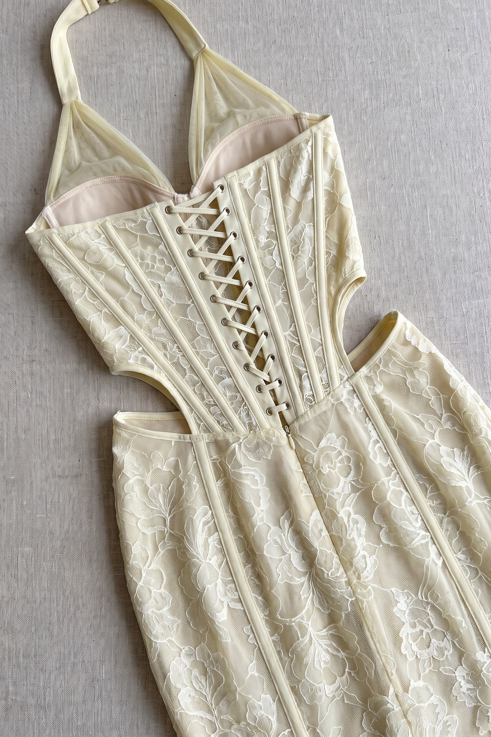 Pale Yellow Floral Lace Mermaid Gown