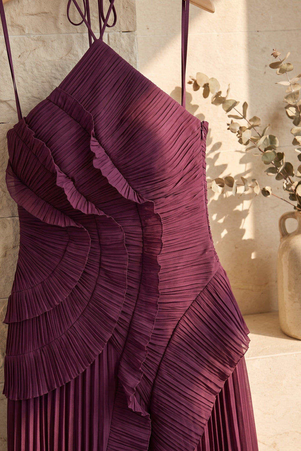 Deep Plum Asymmetrical Pleated Ruffle A-Line Dress