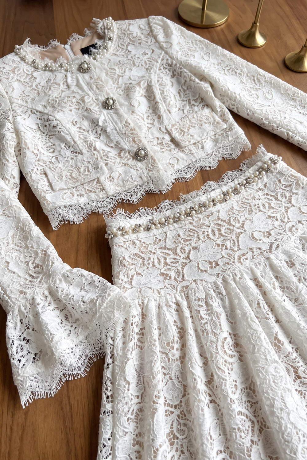 White Floral Corded Lace Fitted Cropped Jacket with Flared Mini Skirt Two-Piece Set