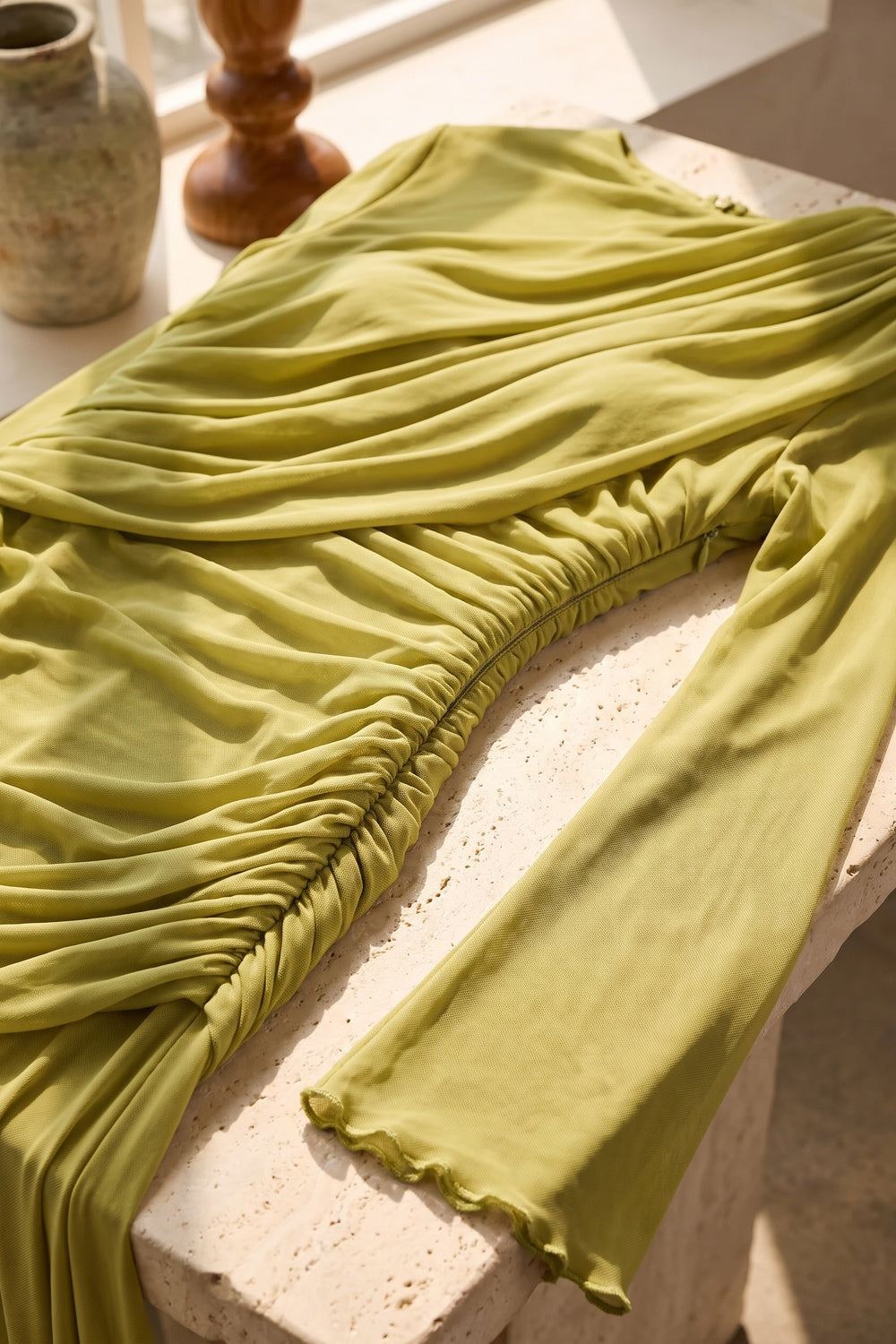 Chartreuse Ruched Mesh Gown