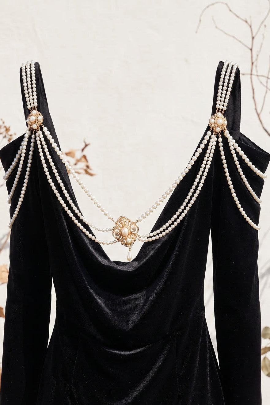 Black Velvet Cold-Shoulder Sheath Dress with Pearl Strands