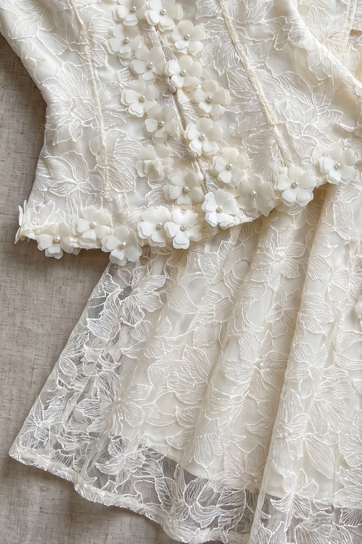 Cream Floral Lace Peplum Top & A-Line Midi Skirt Two-Piece Set