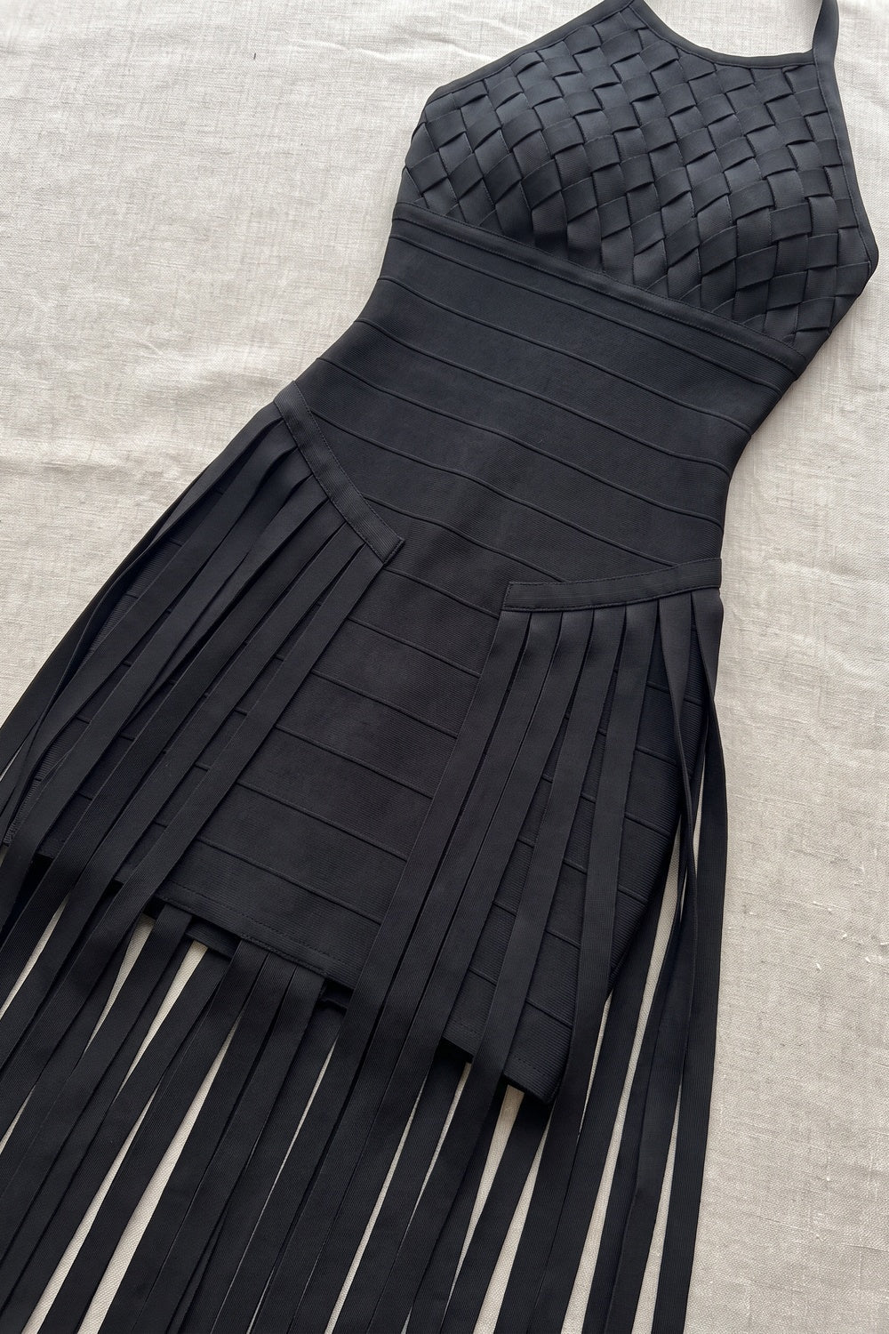 Black Bandage Knit Bodycon Gown with Fringe Overlay
