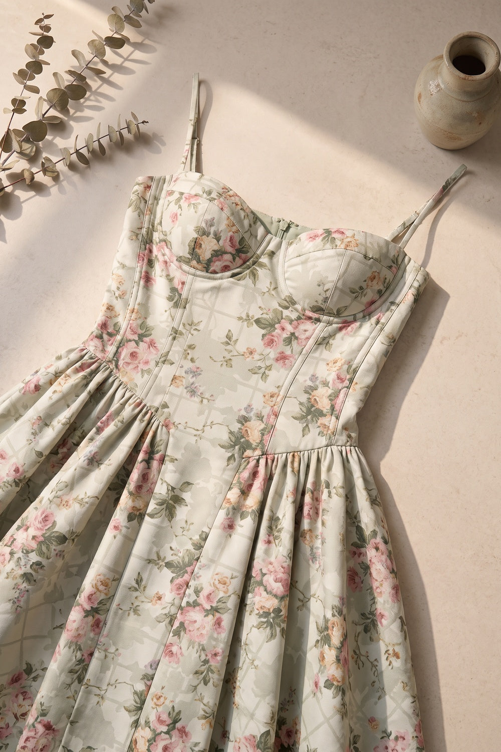 Pale Sage Green Structured Woven Cotton or Jacquard Fit-and-Flare Dress