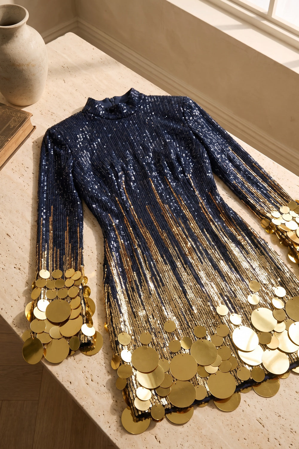Navy Blue to Gold Ombre Sequin Mini Dress