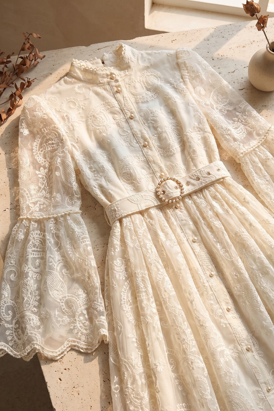 Cream Embroidered Floral Lace A-Line Dress