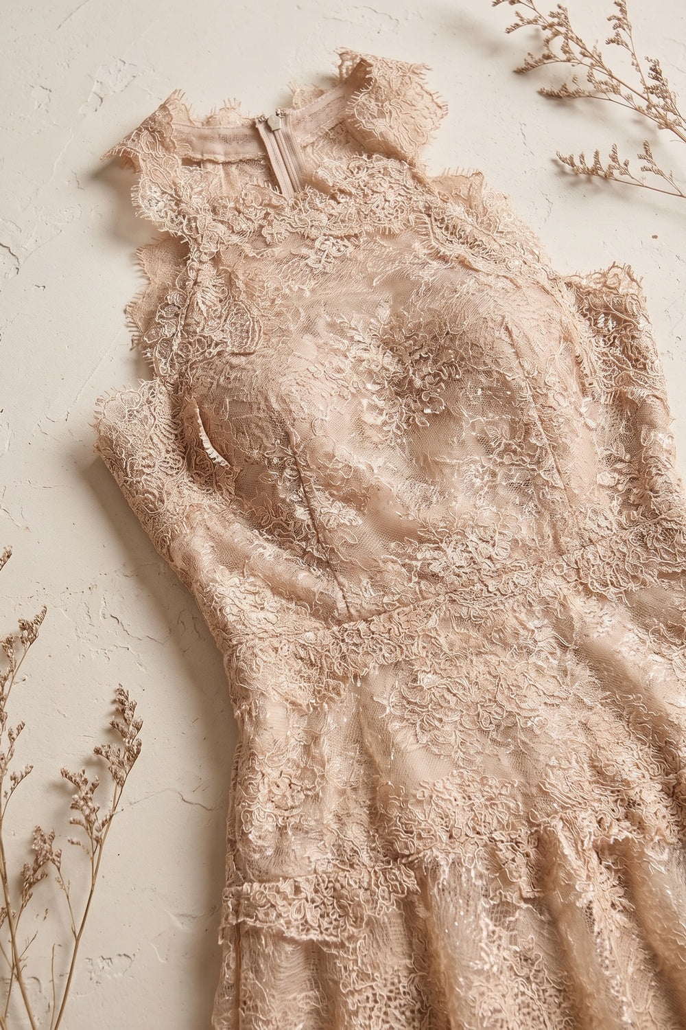 Beige Corded Floral Lace A-Line Midi Dress with Asymmetrical Hem