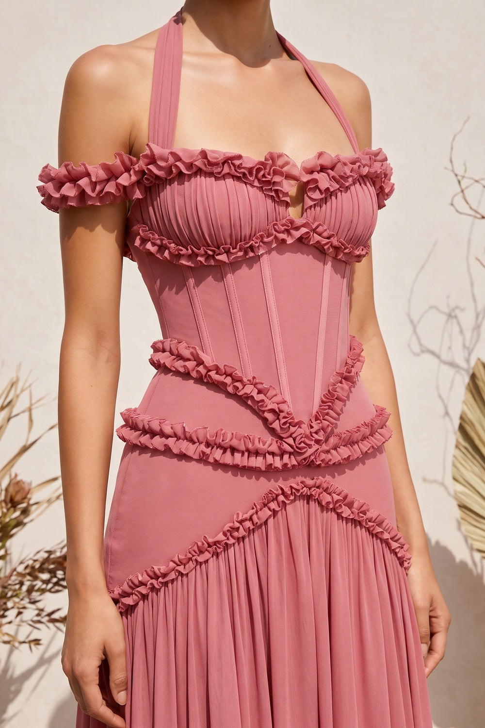 Dusty Rose Fitted Corset Gown with Tiered Ruffles and Halter Neck