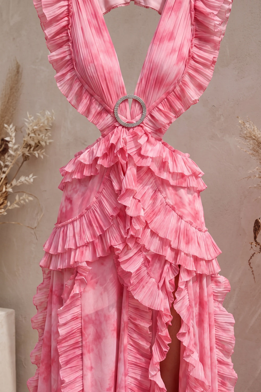 Pink Watercolor Chiffon A-Line Gown with Waist Cut-Outs