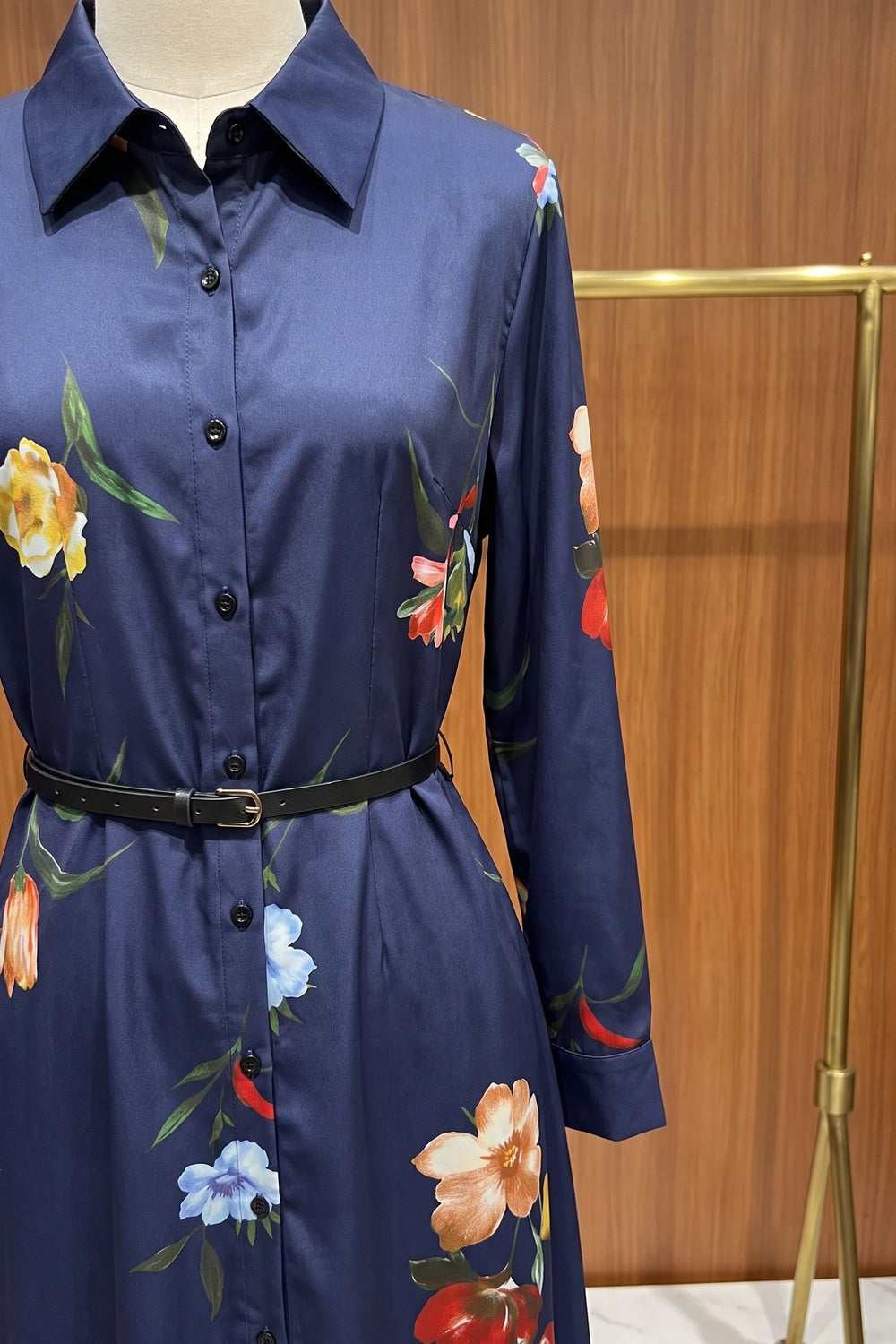 Navy Blue Floral Satin-Weave A-Line Shirt Dress
