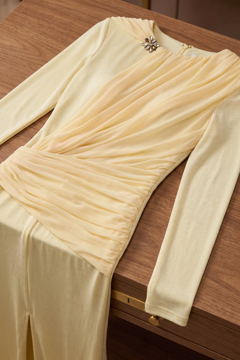 Pale Yellow Fine Stretch Knit Column Evening Gown with Asymmetric Draped Cape