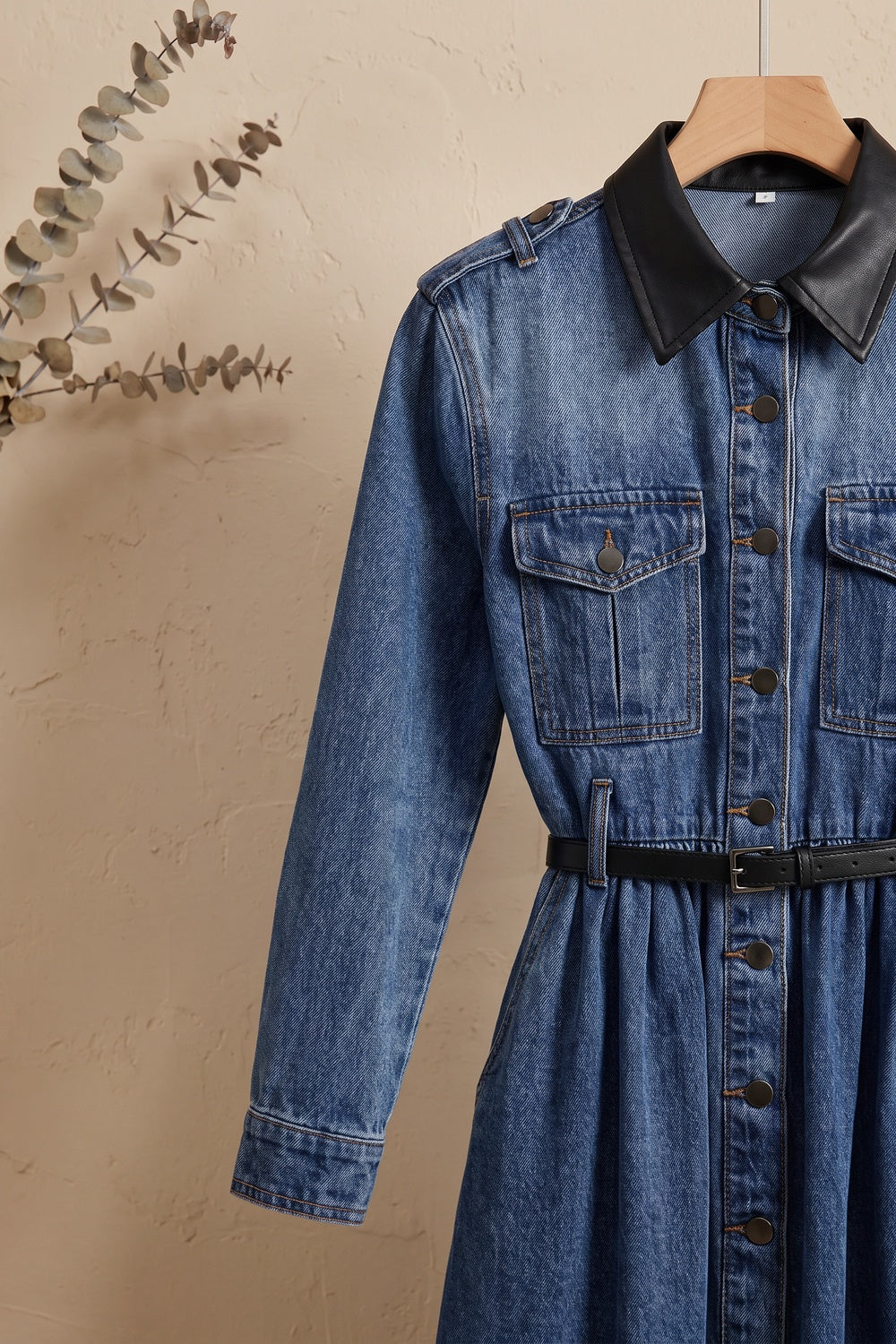 Medium Blue Denim A-Line Shirt Dress with Contrast Collar