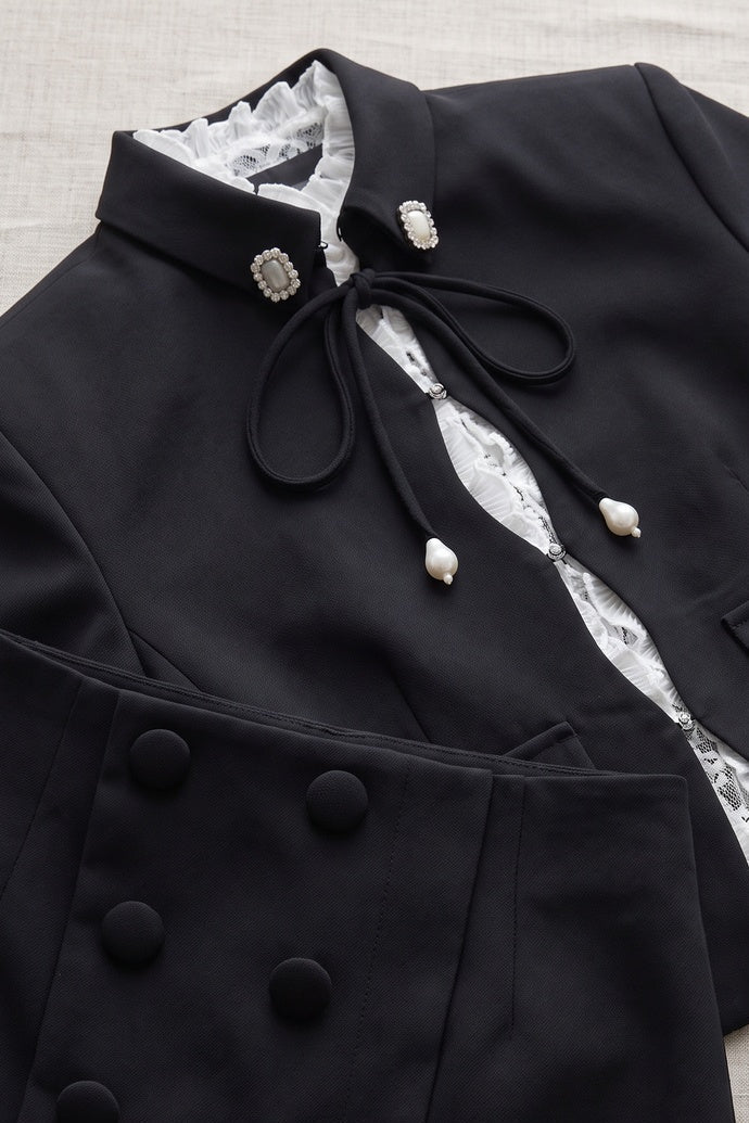 Black Structured Two-Piece Cropped Jacket and Mini Skort Set
