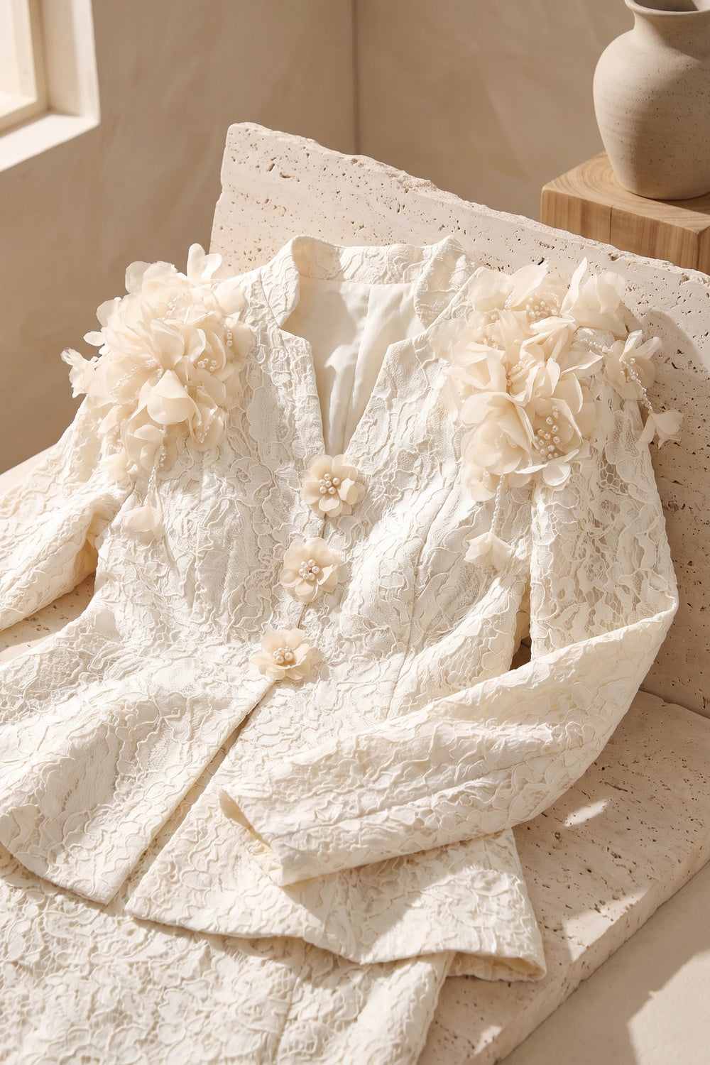 Ivory Corded Floral Lace Two-Piece Skirt Suit