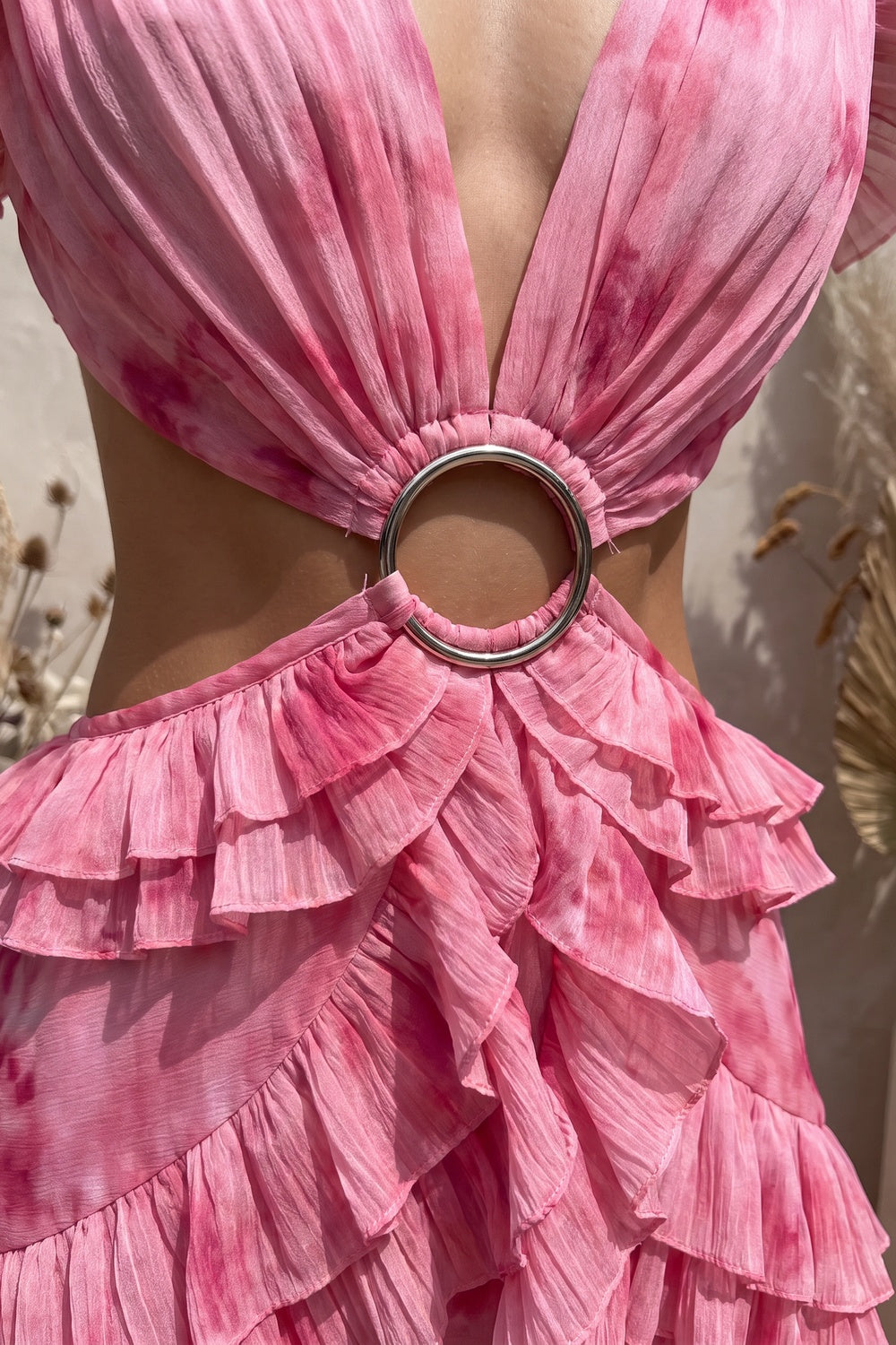 Pink Watercolor Chiffon A-Line Gown with Waist Cut-Outs