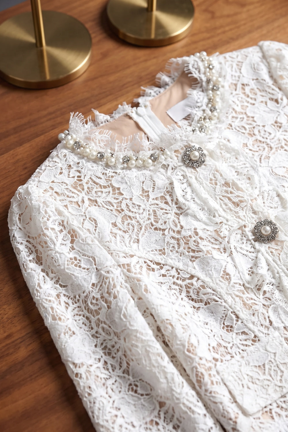 White Floral Corded Lace Fitted Cropped Jacket with Flared Mini Skirt Two-Piece Set