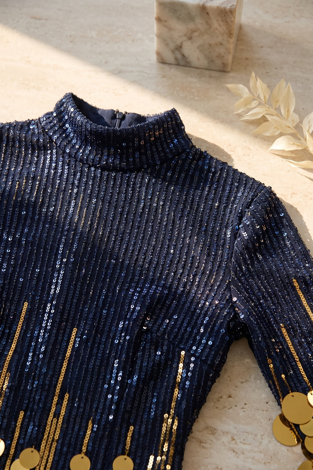 Navy Blue to Gold Ombre Sequin Mini Dress