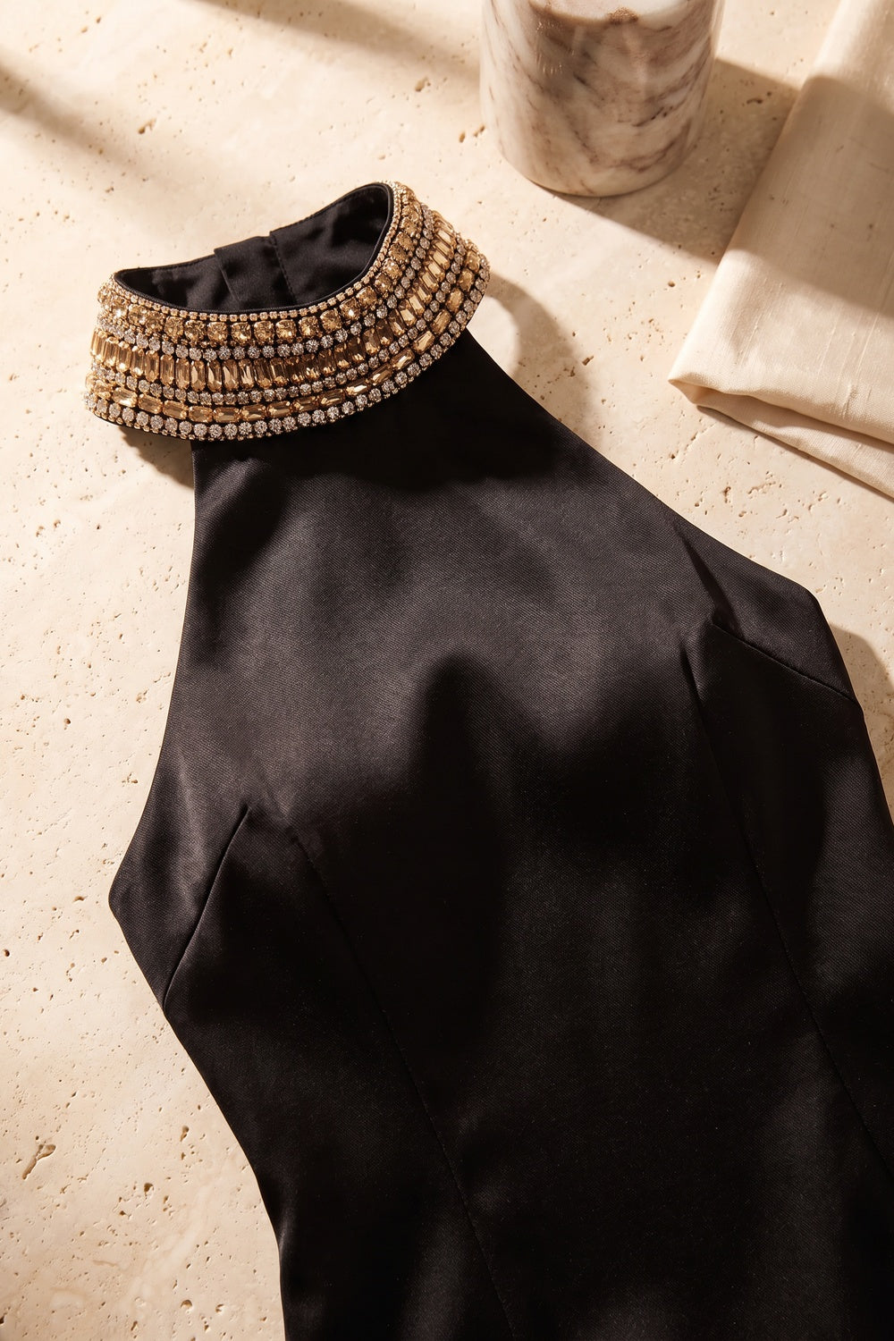 Black Satin Bodycon Dress with Crystal Embellishments