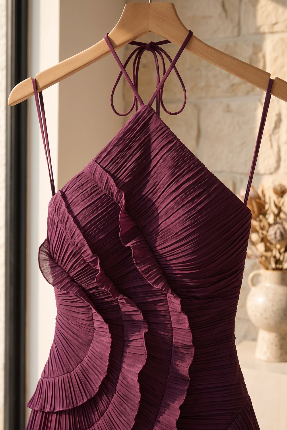 Deep Plum Asymmetrical Pleated Ruffle A-Line Dress