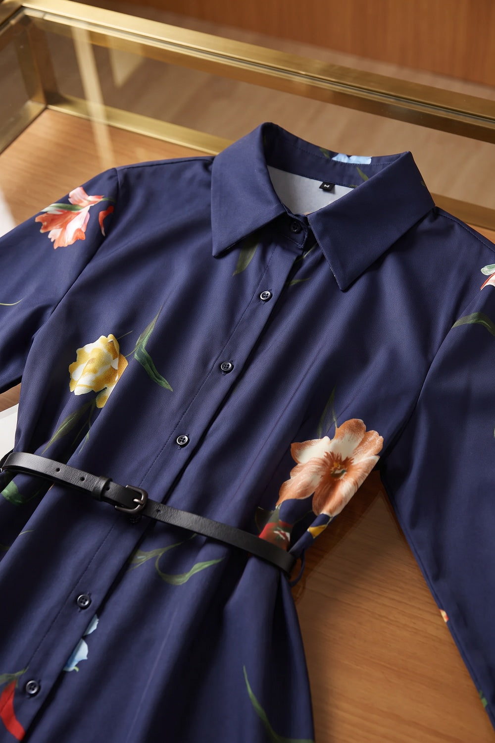 Navy Blue Floral Satin-Weave A-Line Shirt Dress
