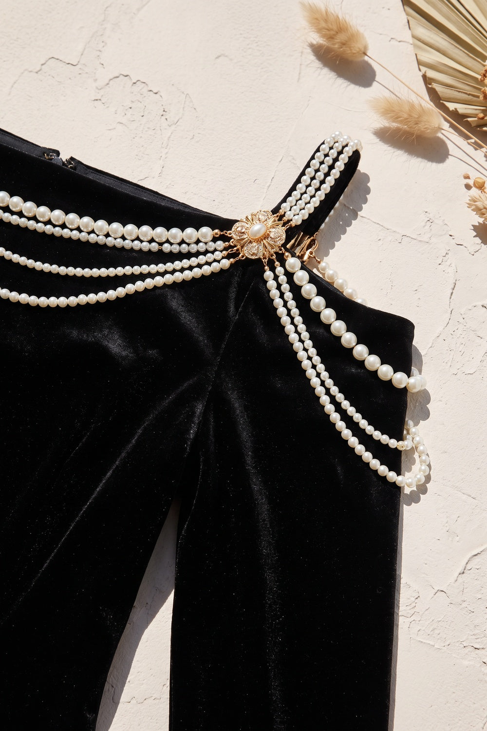 Black Velvet Cold-Shoulder Sheath Dress with Pearl Strands
