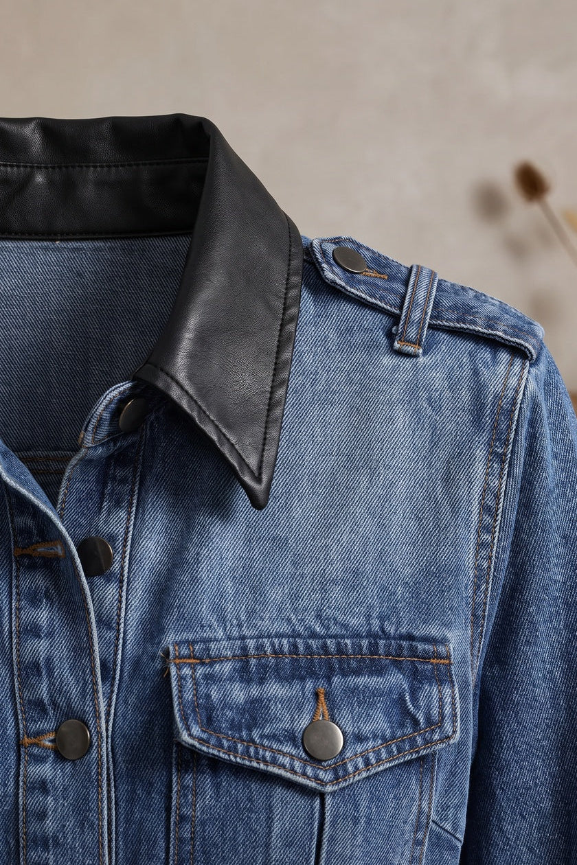 Medium Blue Denim A-Line Shirt Dress with Contrast Collar