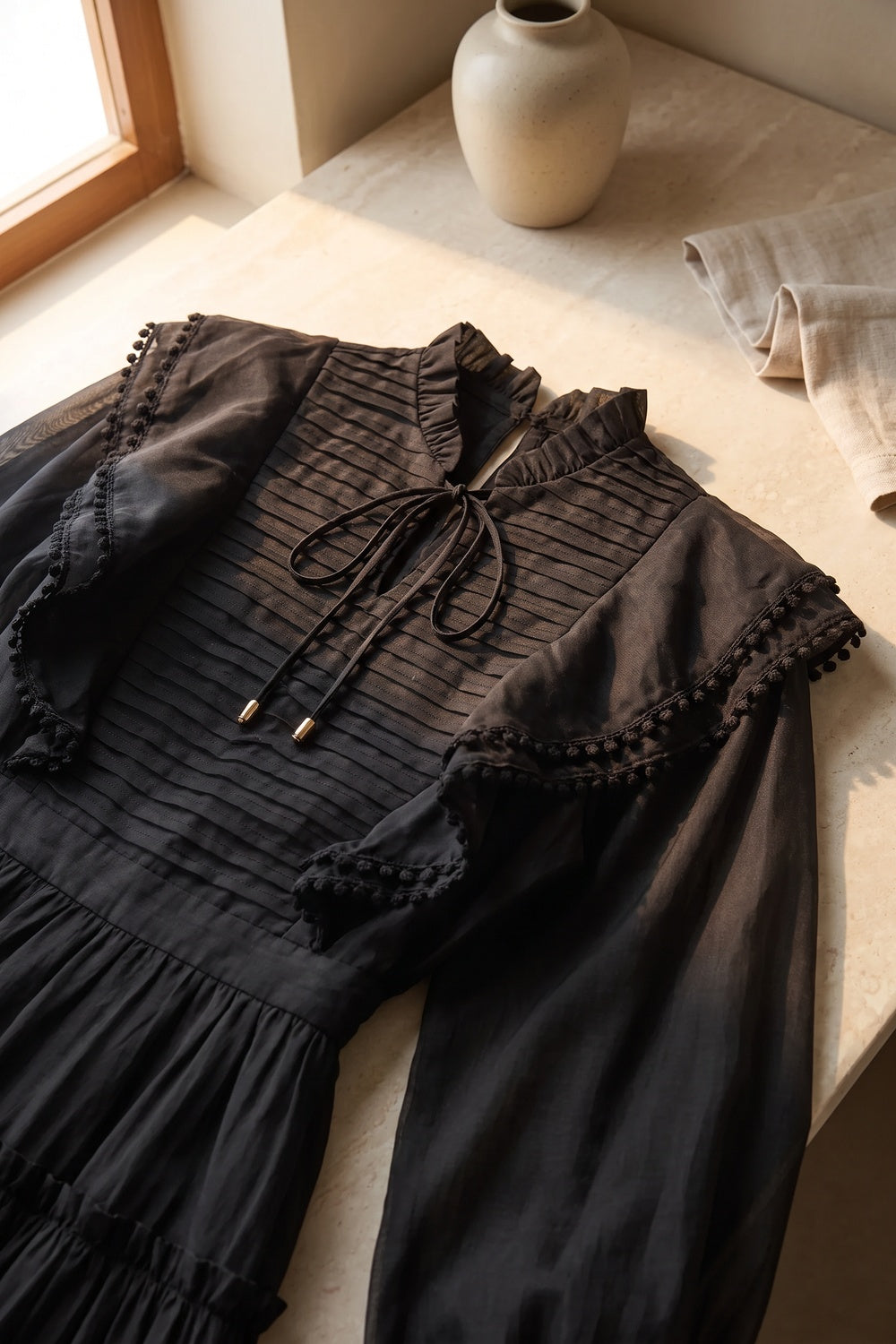 Black Tiered A-Line Midi Dress with Bishop Sleeves