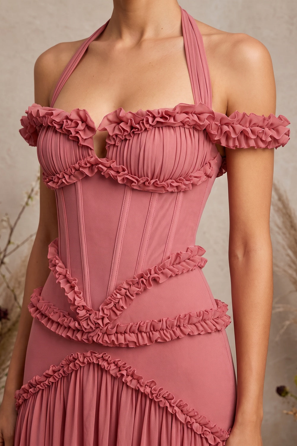 Dusty Rose Fitted Corset Gown with Tiered Ruffles and Halter Neck