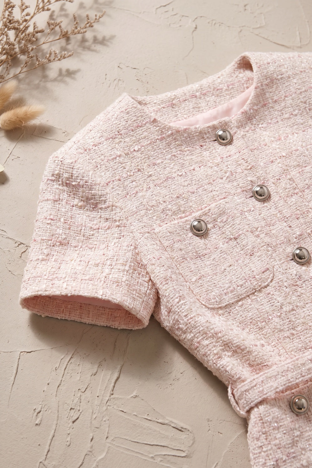 Pale Pink Tweed Fitted Bodice with Peplum and A-Line Skirt Two-Piece Set