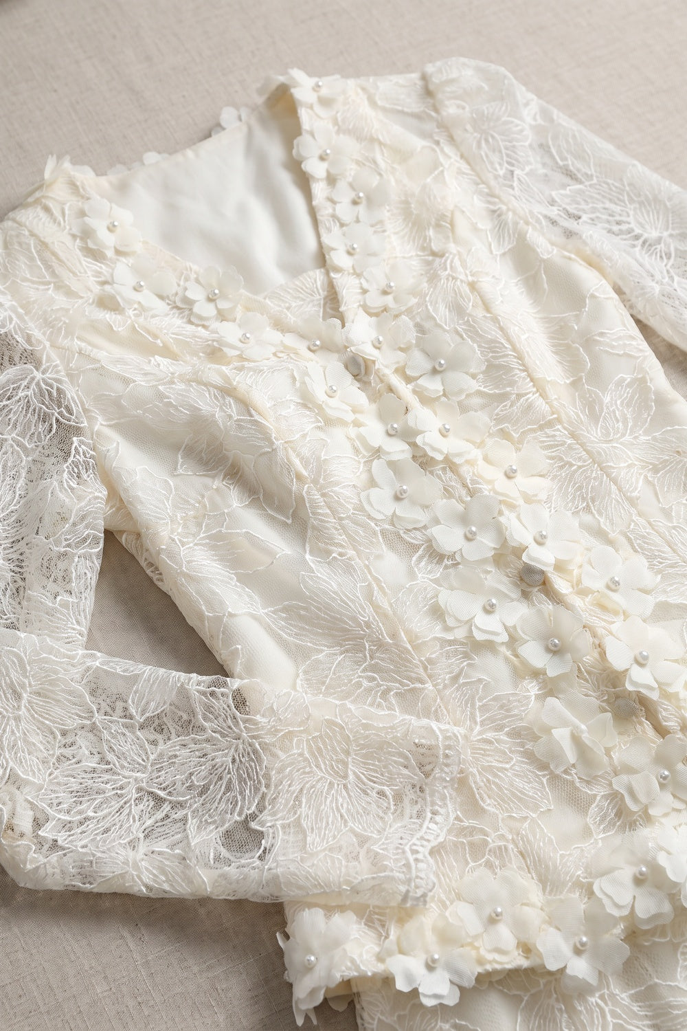 Cream Floral Lace Peplum Top & A-Line Midi Skirt Two-Piece Set