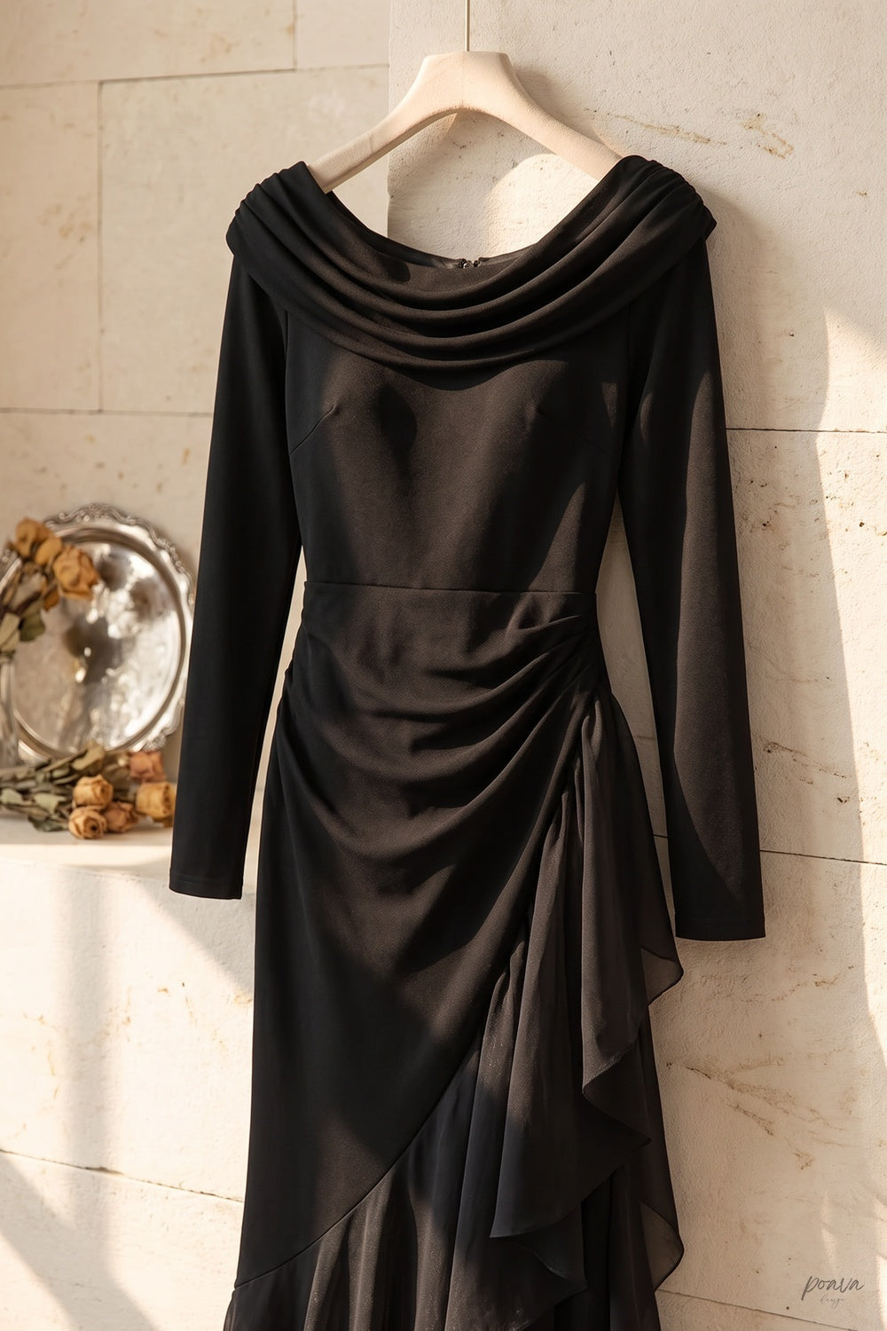 Black Mermaid Evening Gown with Sheer Ruffle Detail