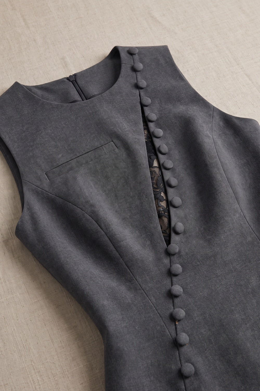 Charcoal Grey Structured Wool-Blend Suiting Sheath Mini Dress