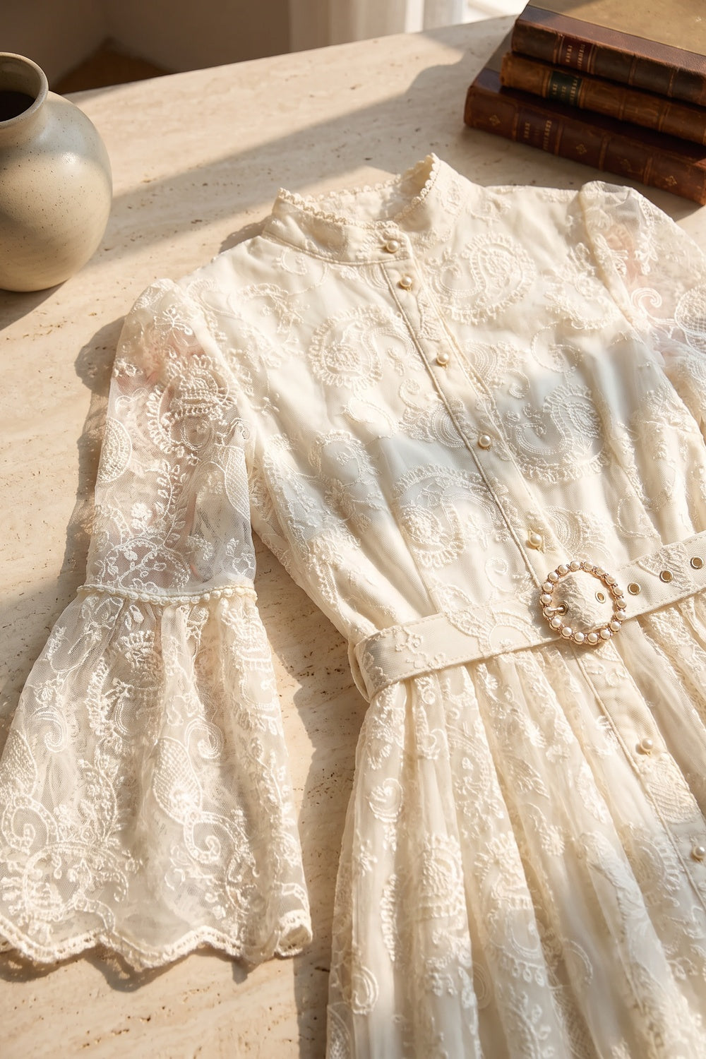 Cream Embroidered Floral Lace A-Line Dress