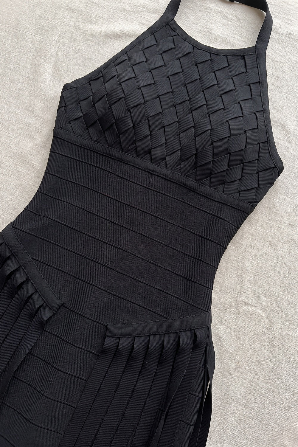 Black Bandage Knit Bodycon Gown with Fringe Overlay