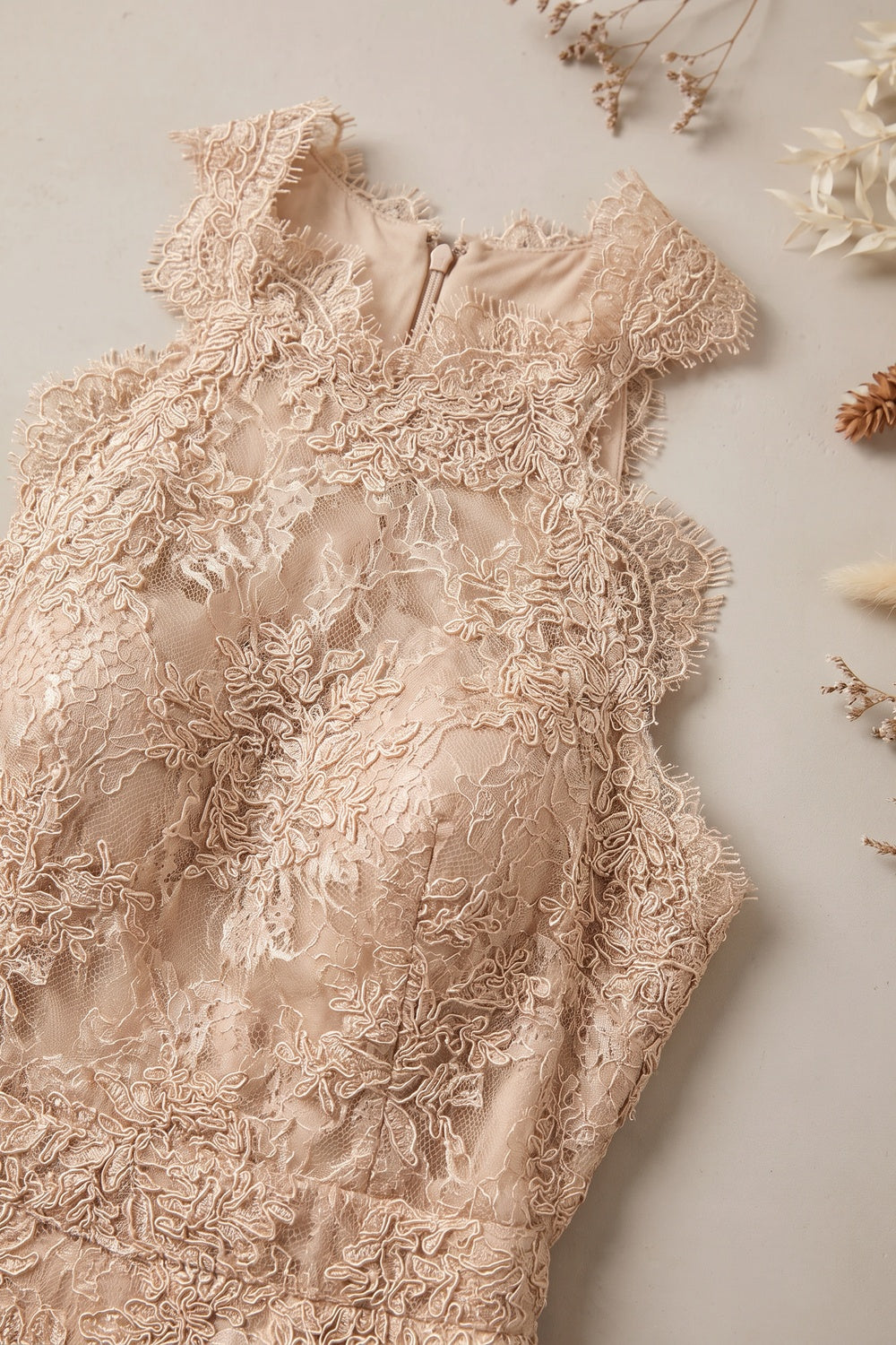 Beige Corded Floral Lace A-Line Midi Dress with Asymmetrical Hem