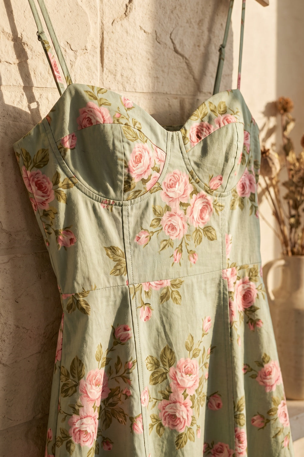 Pale Sage Green Structured Woven Cotton or Jacquard Fit-and-Flare Dress