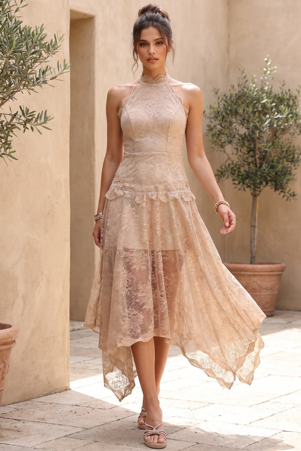 Beige Corded Floral Lace A-Line Midi Dress with Asymmetrical Hem