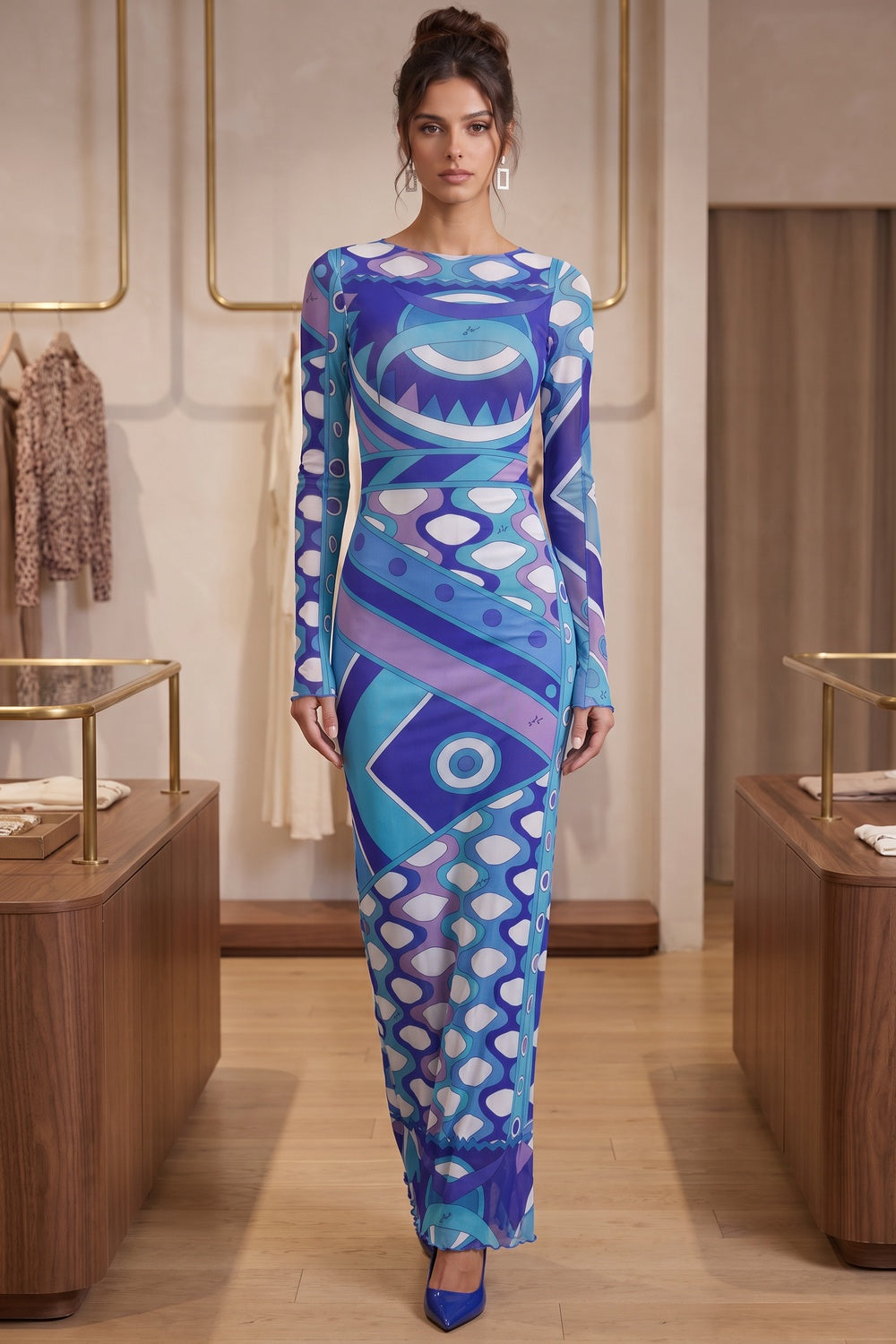 Blue Purple Geometric Abstract Column Maxi Dress in Stretch Mesh