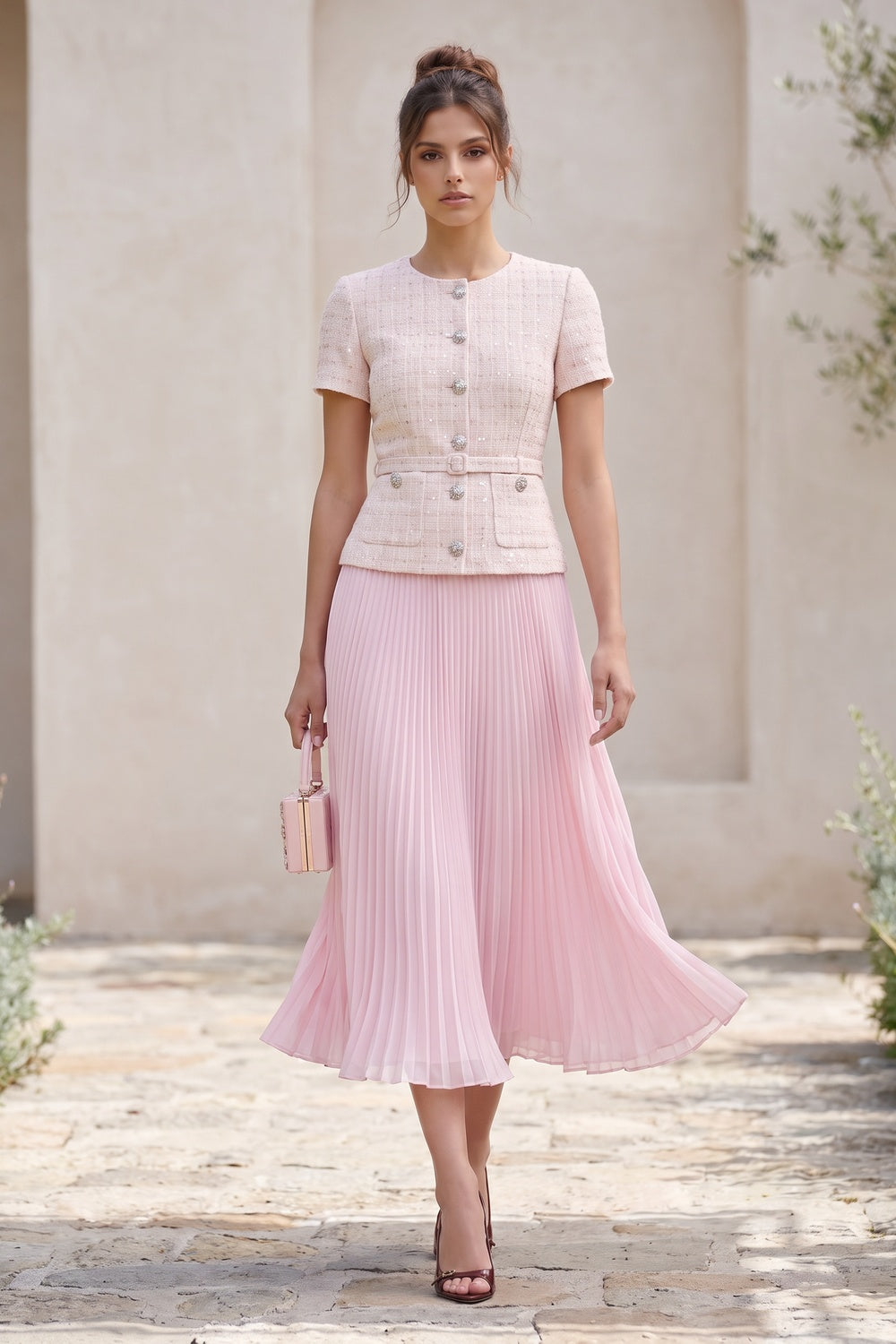 Pale Pink Tweed Fitted Bodice with Peplum and A-Line Skirt Two-Piece Set
