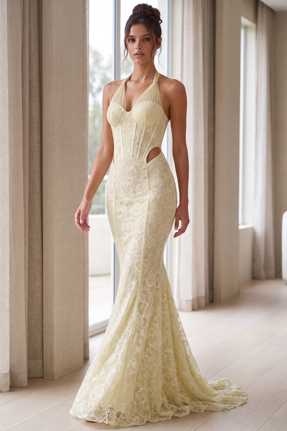 Pale Yellow Floral Lace Mermaid Gown