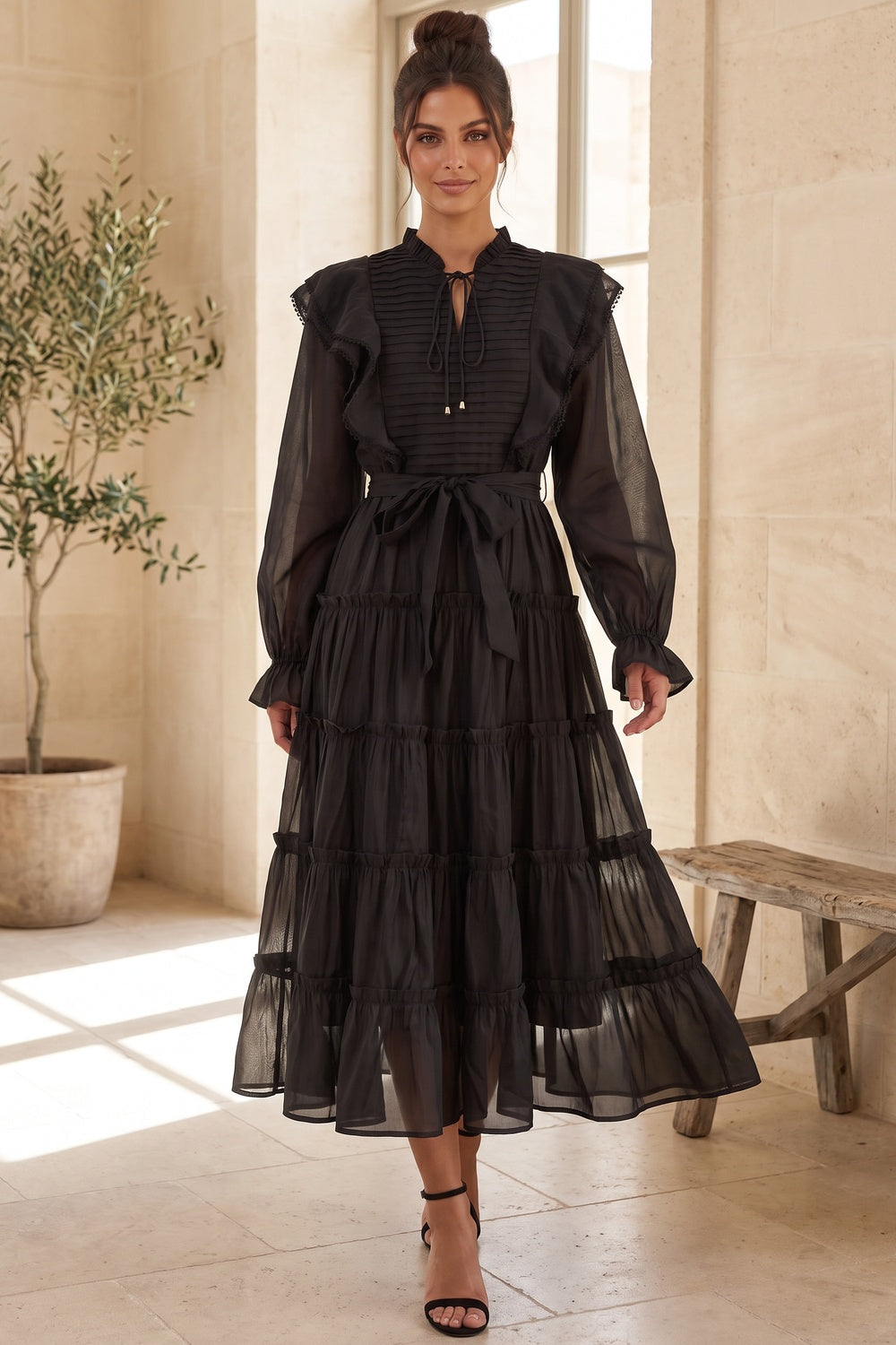 Black Tiered A-Line Midi Dress with Bishop Sleeves