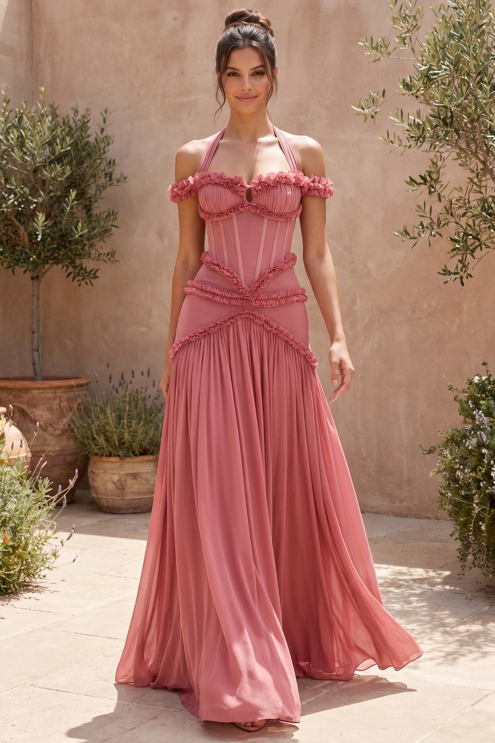 Dusty Rose Fitted Corset Gown with Tiered Ruffles and Halter Neck