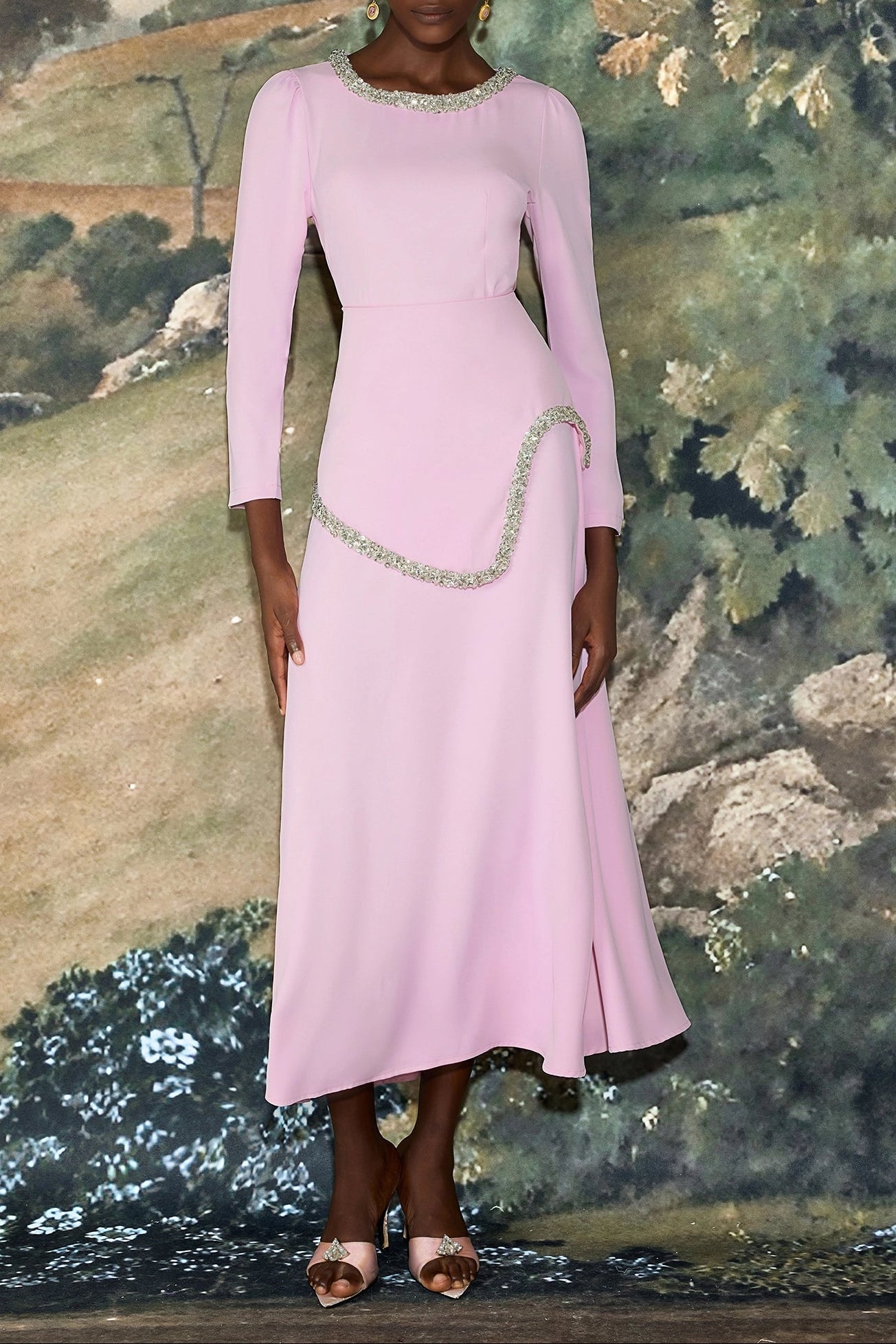 damla Rhinestone embellished Long Sleeve Midi Dress - pink